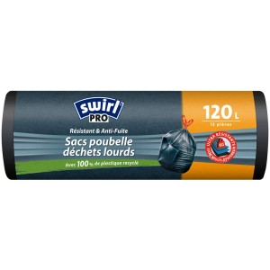 Sacs poubelle Swirl charges lourdes, 120 l, rouleau de sacs noirs avec cordon de serrage.