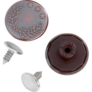 Bottone per jeans in rame, Ø 17mm, con corona d'alloro e stelle. Set con cappuccio, base e perno.