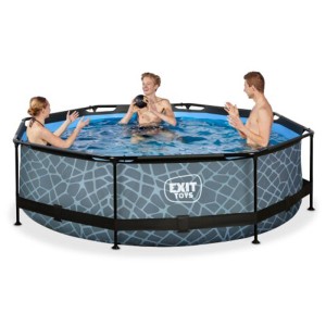Piscina rotonda Exit Family Stone Grey effetto pietra, Ø 300 cm, con persone che giocano.