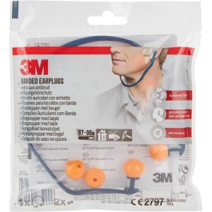 Protection auditive à arceau 3M 1310 dans un sachet plastique transparent avec arceau bleu et bouchons orange.