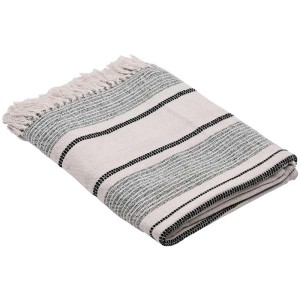 Coperta Eglo Longlac, bianco-grigio, 130x170 cm, in cotone biologico con motivo a righe e frange.