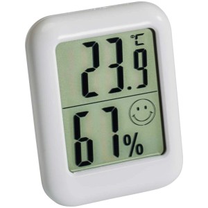 Termoigrometro digitale Möller Therm bianco che mostra temperatura e umidità.