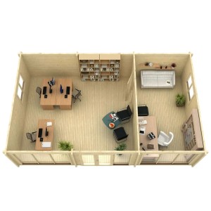 Plan Alpholz abri de jardin Campus-70 : maison en bois 2 pièces à toit plat, aménagée en bureau et espace de vie.