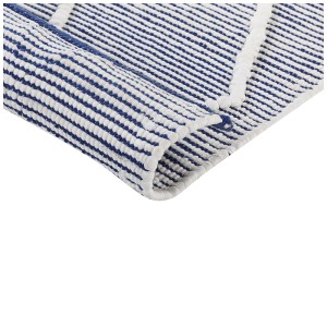 Gros plan : Tapis en coton bleu Synopa (80x150 cm) avec rayures blanches.