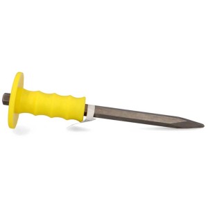 Scalpello a punta 16 x 300 mm con protezione per le mani gialla per lavori su calcestruzzo e muratura.