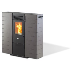 Poêle à granulés Ecofox Pegaso Slim 8, canalisable, gris. Poêle compact avec flamme visible.