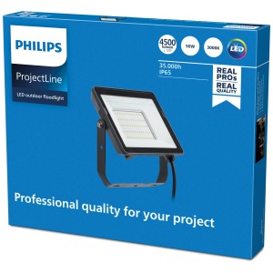 Faro LED da esterno Philips Projectline 50W, 3000K, IP65 in scatola blu. Resistente alle intemperie e a risparmio energetico.