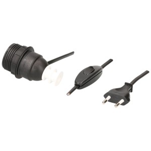Douille noire E27 avec câble de 1,5 m, interrupteur et prise euro pour installation de lampe.