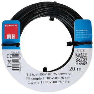 Fil T-Litze H05V-K noir, 0,75 mm², bobine de 20 m pour installations électriques.