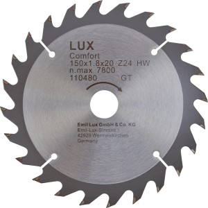 Lama per sega circolare LUX HM, diametro 150 mm, 24 denti per tagli puliti in legno e pannelli.