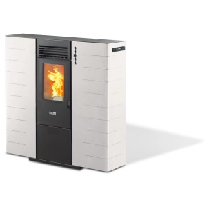 Poêle à granulés blanc Ecofox Pegaso Slim 8, canalisable pour une chaleur agréable.