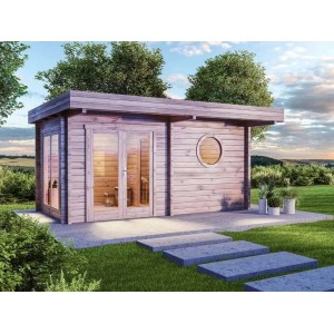 Sauna de jardin Finntherm Enns-70 en épicéa naturel avec toit plat et fenêtre ronde.