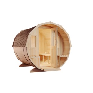FinnTherm Sam sauna tonneau : Sauna en épicéa en forme de tonneau avec bancs et bardeaux.