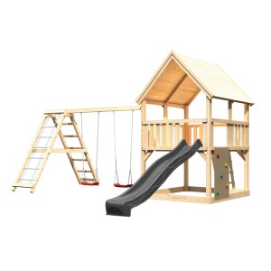 Tour de jeu Karibu Luis en bois naturel avec toboggan anthracite, balançoires, mur d'escalade et échelle de corde.