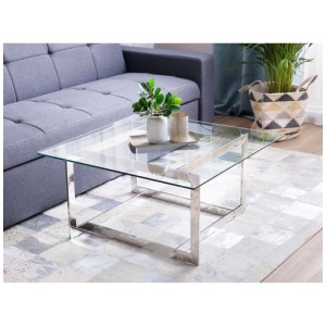 Table basse carrée Crystal Beliani avec plateau en verre et structure en métal argenté.