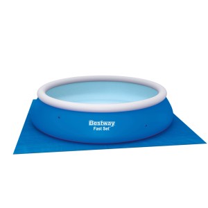 Tapis de sol bleu pour piscine de 366 cm sous une piscine bleue Bestway pour une protection supplémentaire.