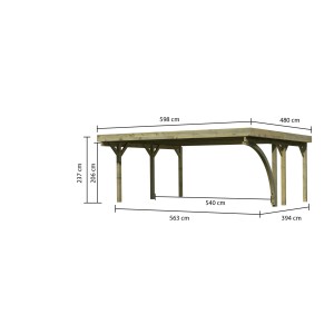 Karibu Doppelcarport Classic aus Holz mit PVC Dachplatten und Maßangaben.