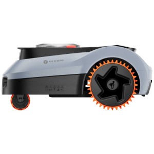 Robot tondeuse Navimow i210E LiDAR Pro, vue latérale. Corps gris/noir, roues orange.