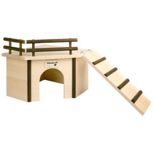 Vitakraft Rustico casetta angolare in legno per conigli nani con scala e ringhiera, 26x35x35 cm.