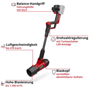Souffleur de feuilles sans fil Einhell GP-LB 36/270 Li E BL avec batterie et chargeur, boîtier rouge.