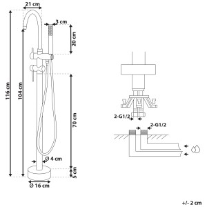 Disegno tecnico del miscelatore per vasca freestanding Tugela, con dimensioni e collegamenti.