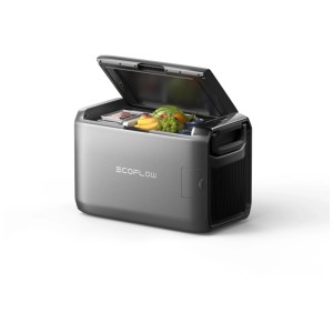 Glacière à compression EcoFlow Glacier 45 grise ouverte avec des aliments. Idéale pour le camping et l'extérieur.
