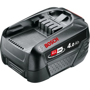 Batterie de remplacement Bosch 18V 4Ah pour outils électriques, noire avec accent rouge.