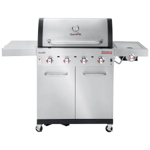Barbecue a gas Char-Broil Professional PRO S 4 in acciaio inox con quattro bruciatori e tavolini laterali.