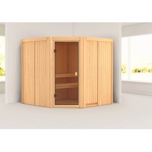 Sauna Karibu Kotka con ingresso ad angolo e porta in vetro bronzato. Sauna in legno massello per interni.