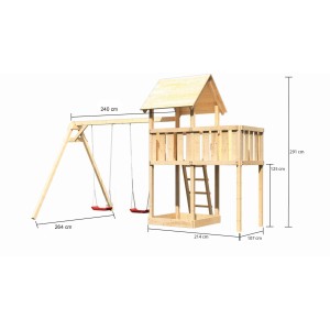 Karibu Spielturm Lotti mit Doppelschaukel und Anbauplattform aus Holz.