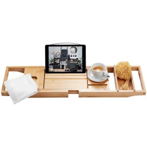 Vassoio da bagno estensibile Diaqua in bambù con tablet, tazza e spugna.