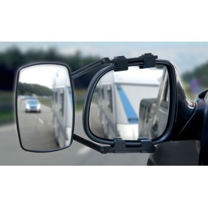 Schwarzer Unitec Caravanspiegel am Auto-Seitenspiegel, zeigt Wohnwagen und Straße. Für sicheres Fahren mit Anhänger.