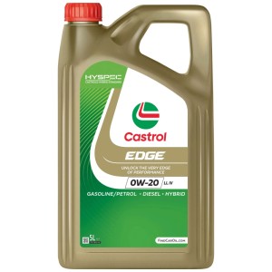 Olio motore Castrol Edge 0W-20 LL IV in flacone dorato da 5L per veicoli a benzina, diesel e ibridi.
