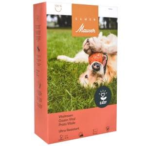 Samen Mauser graines de gazon extra fortes, emballage avec chien dans la pelouse.