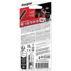 Emballage de la lampe torche LED Energizer X-Focus avec pile, détails et instructions d'utilisation.