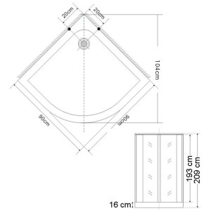 Schéma de la cabine de douche (verre véritable, blanc) avec les dimensions pour le montage et l'installation.