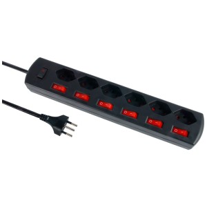 Multiprise noire Schönenberger avec 6 prises T13 et interrupteurs rouges.