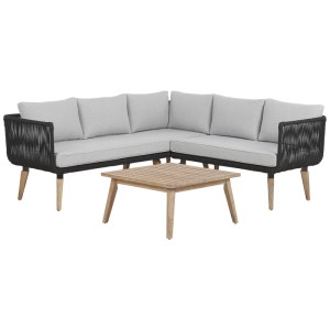 Beliani Canapé d'angle de jardin Alcamo 5 places avec table en acacia noir. Ensemble de meubles de jardin lounge.