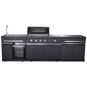 Cuisine d'extérieur Buschbeck Kingrange 2.0 avec grill, évier, réfrigérateur et plan de travail noir.