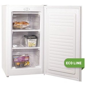 Congélateur Kibernetik ECOTK64 blanc avec porte ouverte, montrant 3 tiroirs transparents et 64 L de capacité.