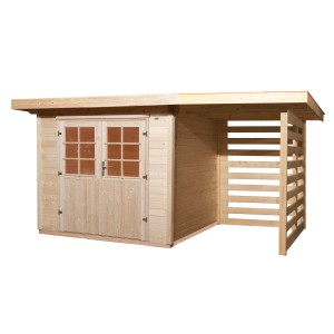 Casetta da giardino in legno OBI La Spezia con tettoia, finitura naturale. Casetta da giardino in abete rosso con doppia porta e tetto a falda.
