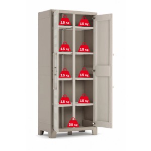 Armoire en plastique Gulliver Multispace beige clair ouverte avec étagères. Charge maximale : 15 kg par étagère.