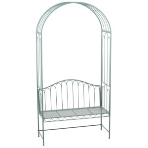 Panca da giardino Marseille in ferro verde con supporto per rampicanti, ideale per balcone e giardino.