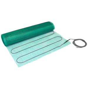 Chauffage au sol électrique Perobe, natte chauffante de 5 m² sur support vert, partiellement enroulée.