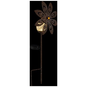 Rostfarbene Metall Solarleuchte in Blumenform, 50cm hoch, mit Glaskugel und gelbem Kristall.