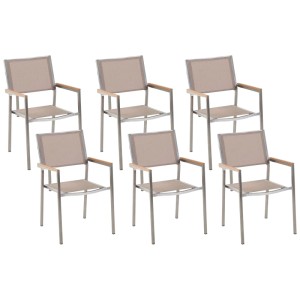 Set 6 sedie da giardino Beliani Grosseto, acciaio/beige, impilabili, con braccioli in legno sintetico.