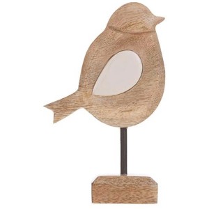 DecoFinder Uccello decorativo Malpaís naturale, 15 cm, figura in legno con dettaglio ala bianca su base.