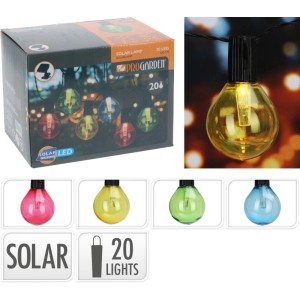 Catena luminosa solare colorata con 20 LED in polipropilene per esterni.