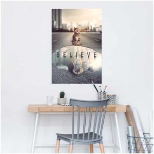 Maxiposter Set Your Mind (61x91,5 cm): Katze mit Spiegelbild als Tiger, Schriftzug BELIEVE.