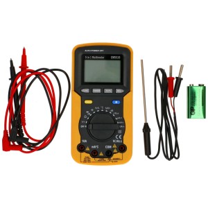 Multimetro digitale giallo EM5510B con LCD, cavi di prova, sonda di temperatura e batteria.